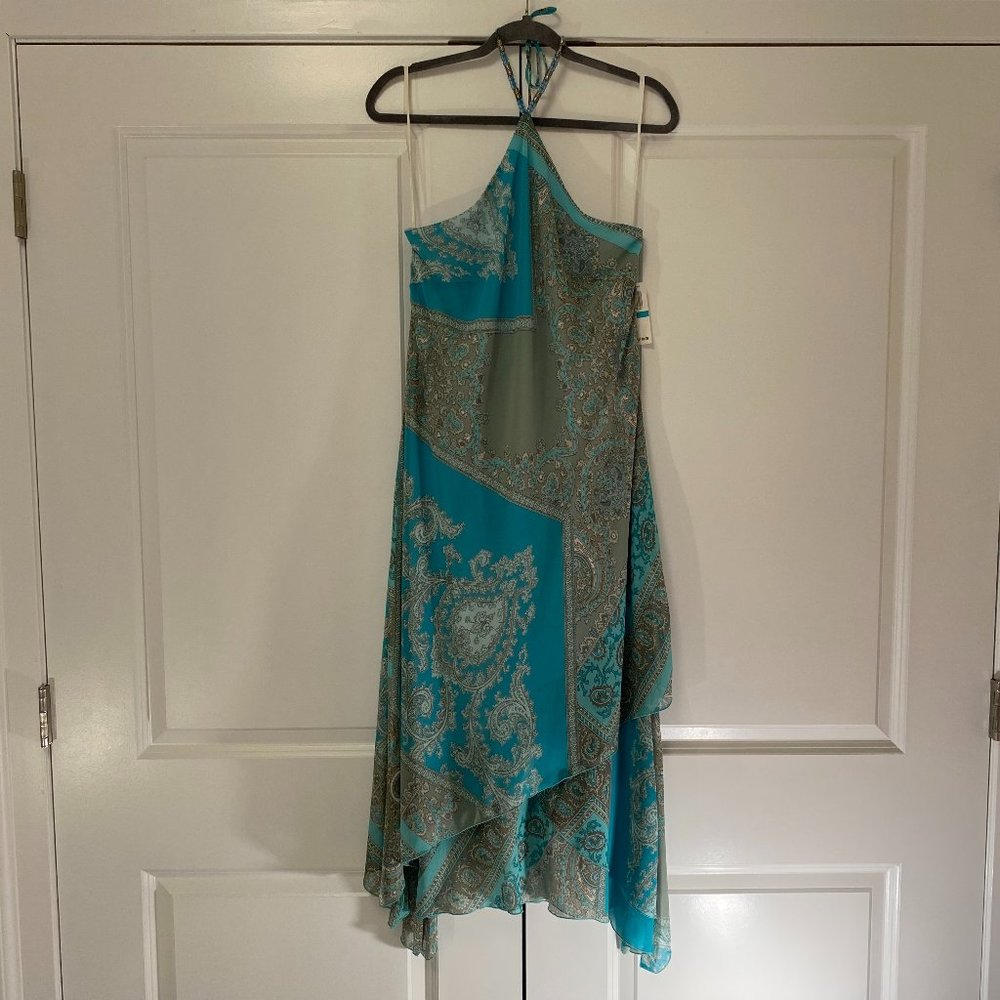 Rabbit Rabbit Rabbit Design, Blue/Green Halter Backless Boho Dress, Sz 16, NWT
